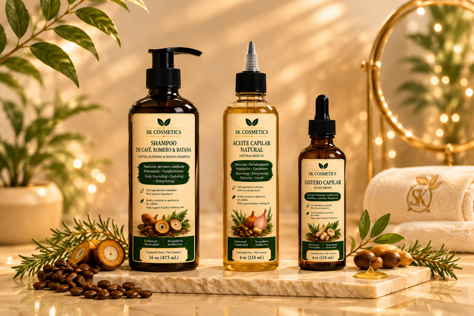 Paquete completo para el crecimiento del cabello – Champú, Aceite Capilar y Gotas para el Cuero Cabelludo
